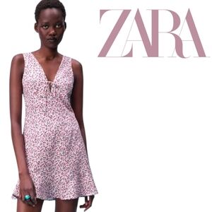 ZARA Pink Ditsy Floral Linen-Blend Sleeveless V-neck Smocked Back Mini Dress SM